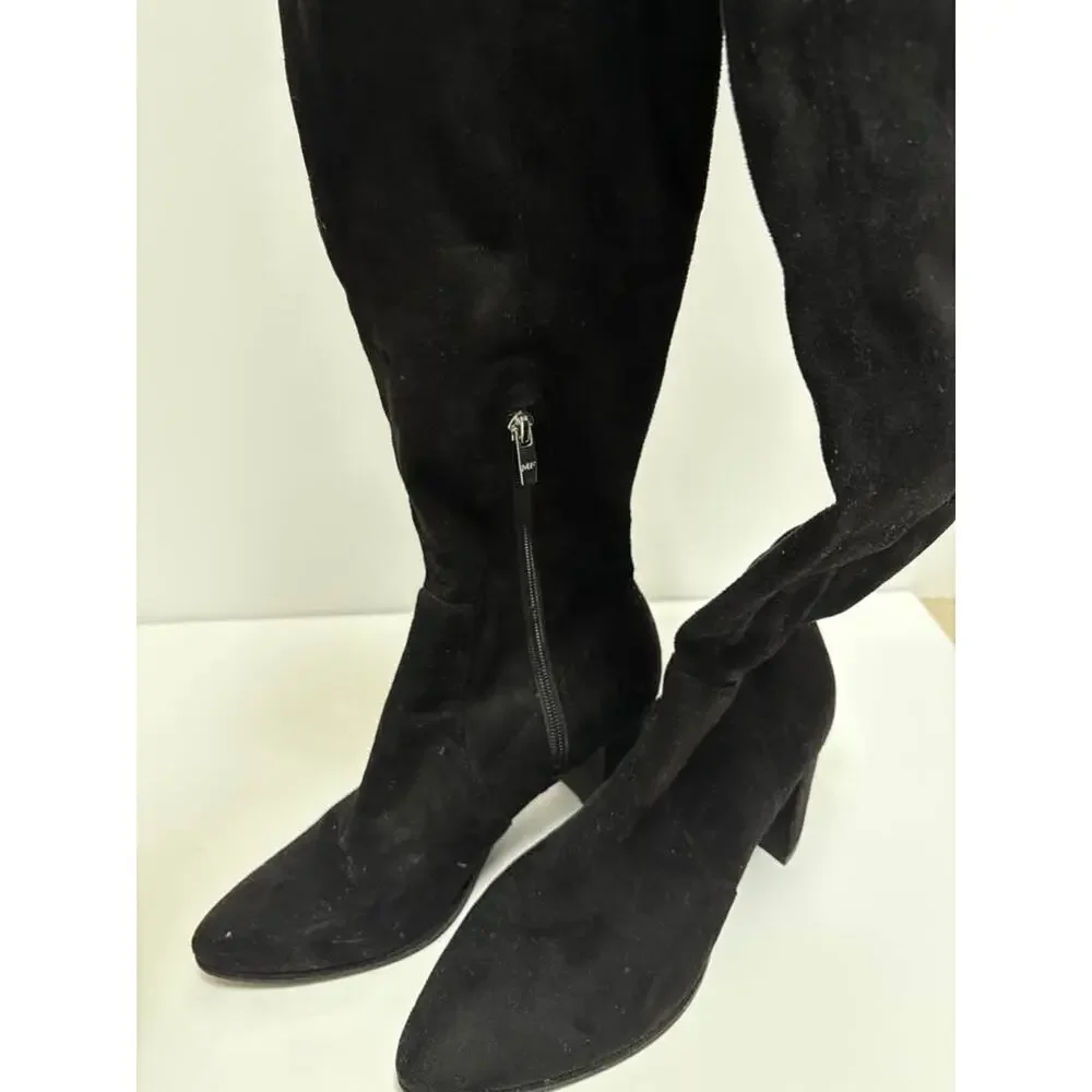 Marc Fisher Black Suede Knee High Boots Wide Calf Side Zip Pointed Toe 7
